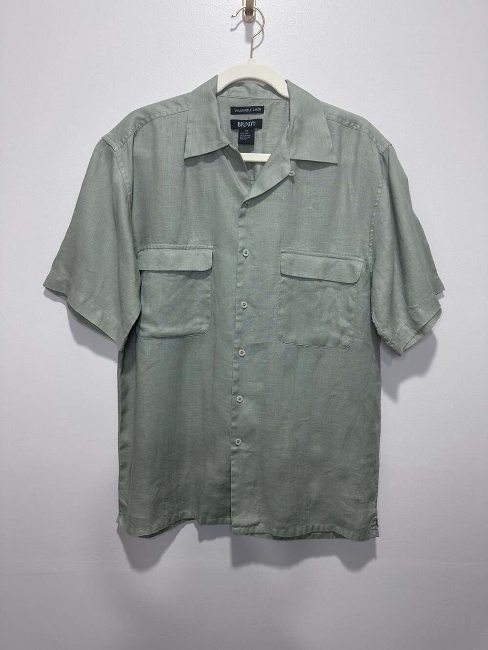 Bruno Mens Sage Green 100% Washable Linen Short Sleeve Button Down Shirt Size M
